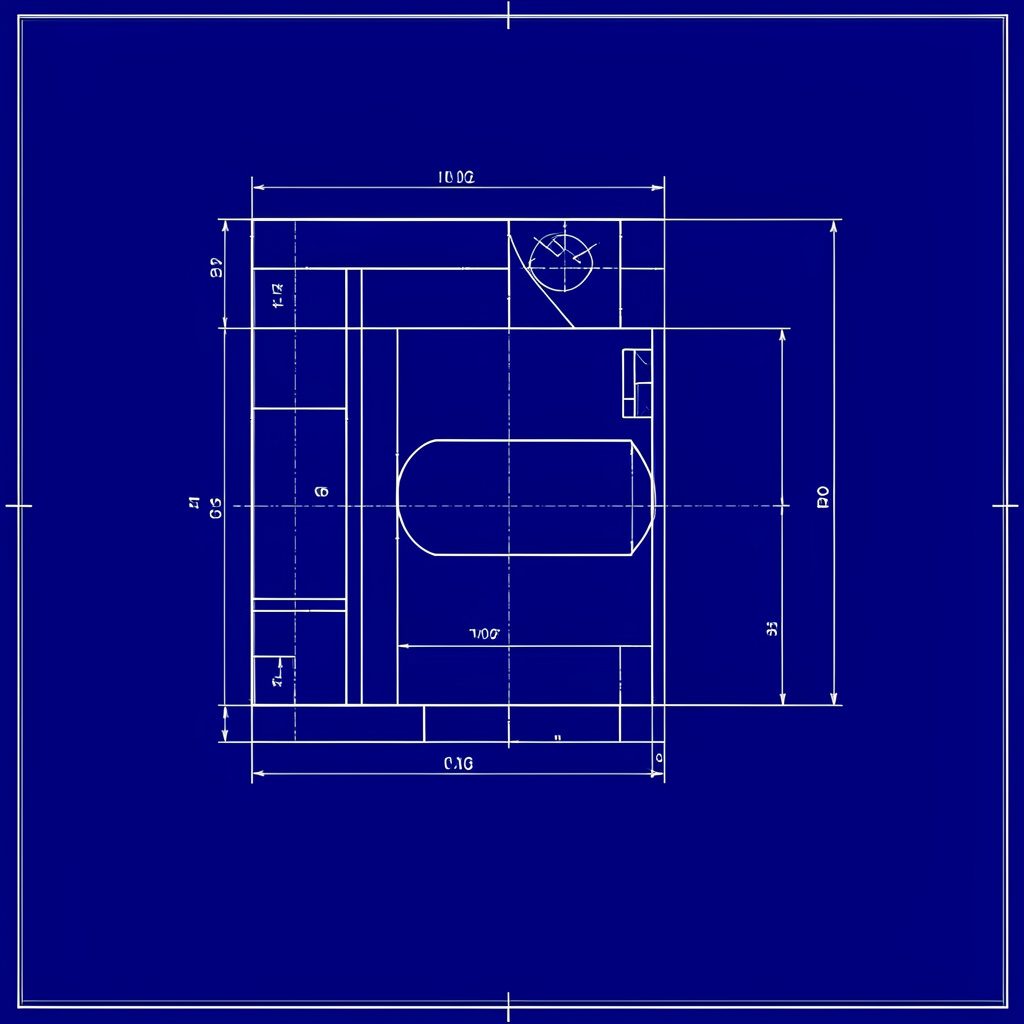 Technical blueprint drawing of mechanical components rendered in muted charcoal and steel-blue linework on an off-white background, conveying an engineering, technical mood.