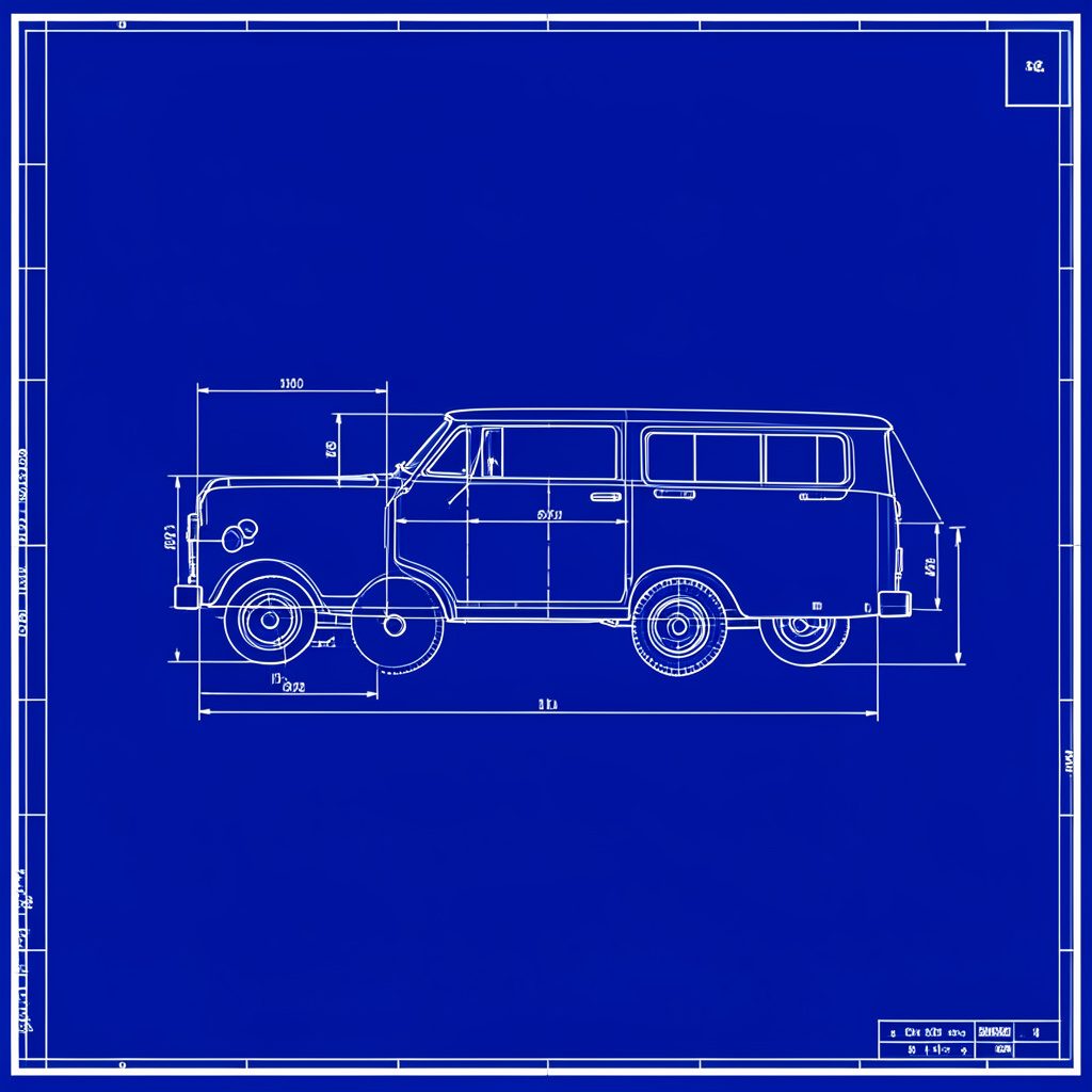 Technical blueprint drawing in cool blue tones, showing industrial machinery lines and schematic annotations on a clean drafting sheet.